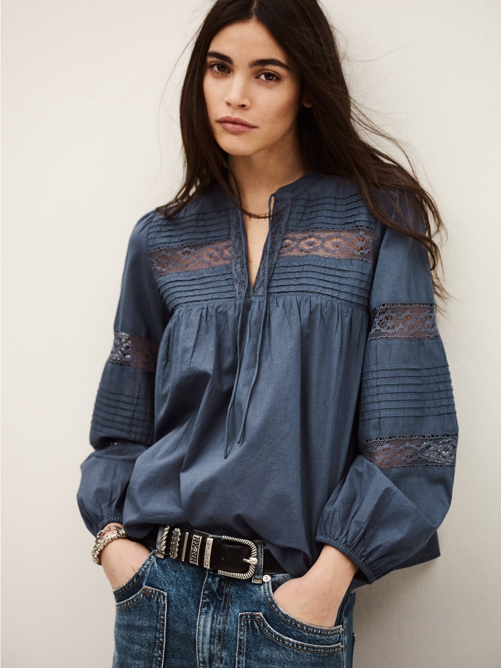 ba&sh Slate Blue Lace-Trim Blouse